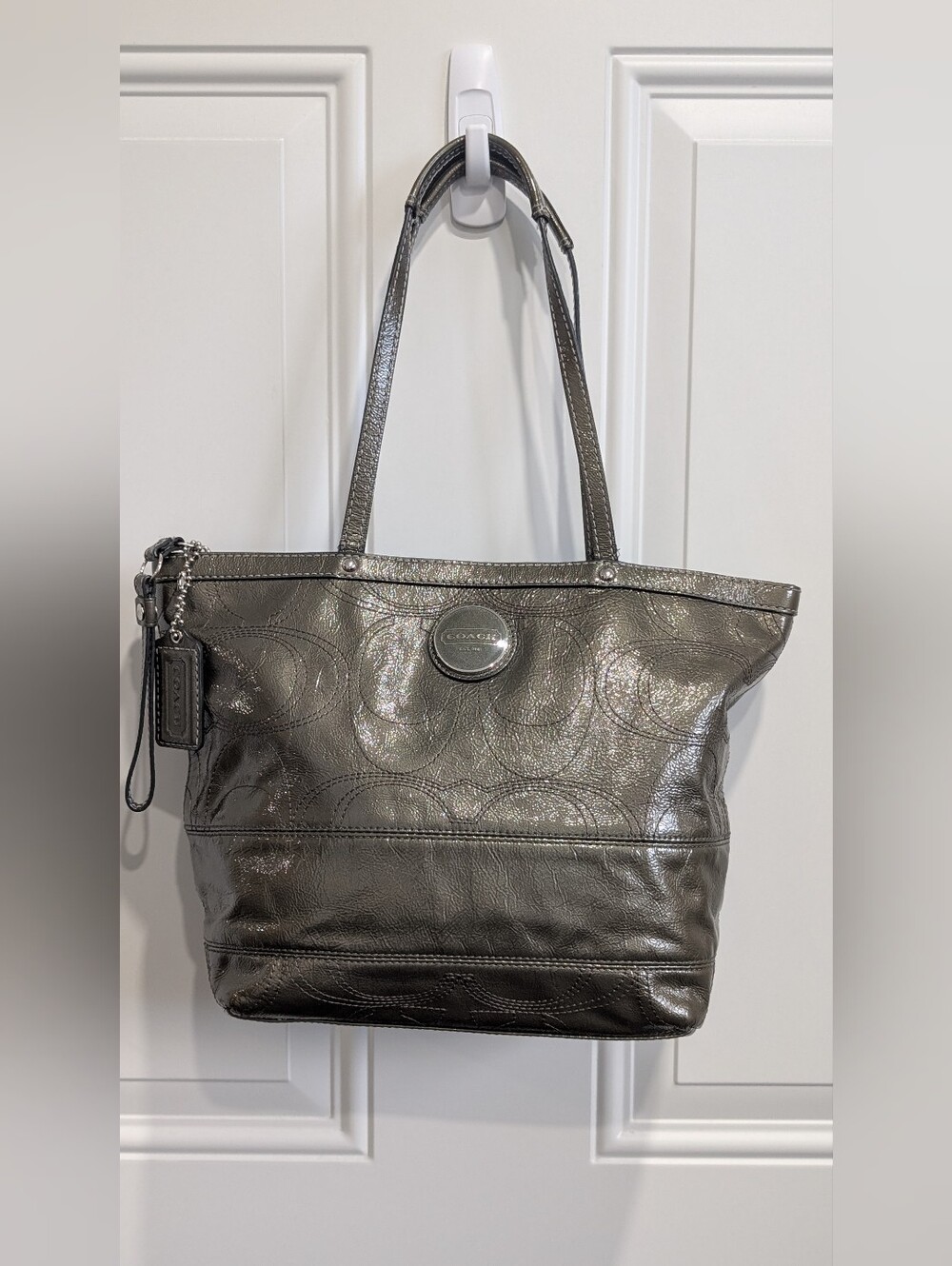 COACH Vintage Metallic Gray Patent Leather Signature C Stitched Tote Bag F15142